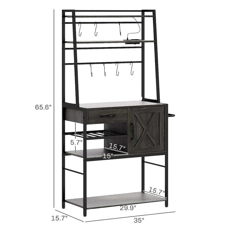 HOMCOM Baker's Rack with Power Outlet and LED Lights, Coffee Bar with Storage Shelves, Industrial Microwave Stand