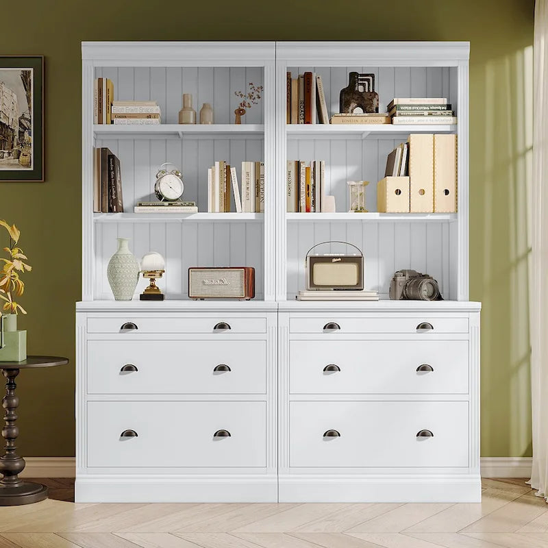 83.4Tall Bookshelf Suite,Bookcase Suite with LED Lighting,Drawers and Open Shelves,2-Piece Set Storage Bookshelf