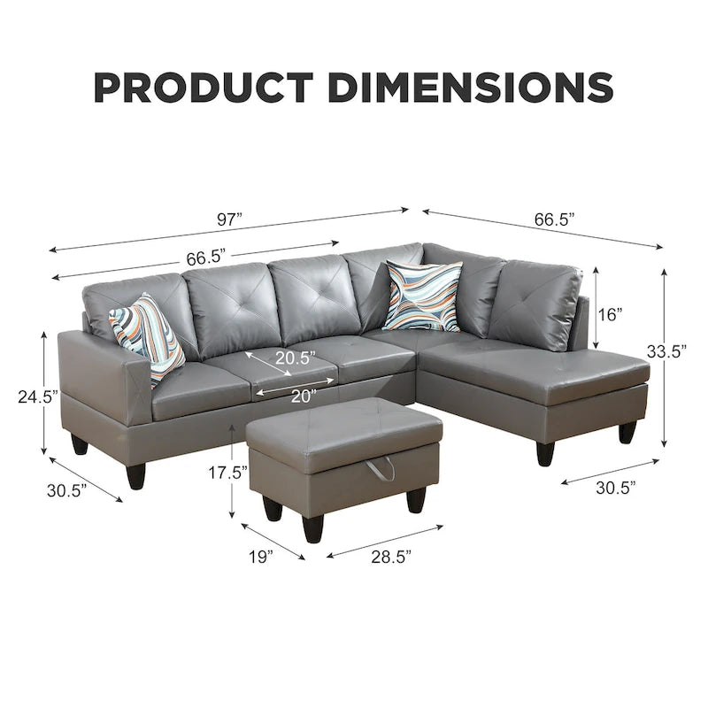 3-Piece Upholstered Sectional Sofa Set With Storage Ottoman
