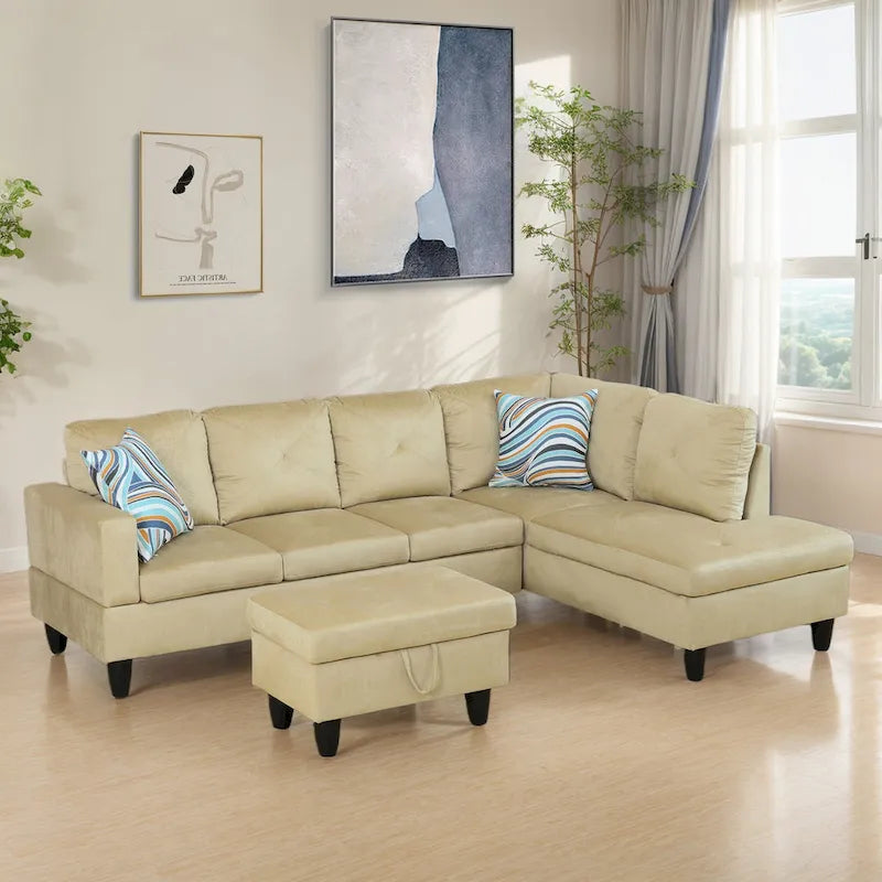 3-Piece Upholstered Sectional Sofa Set With Storage Ottoman