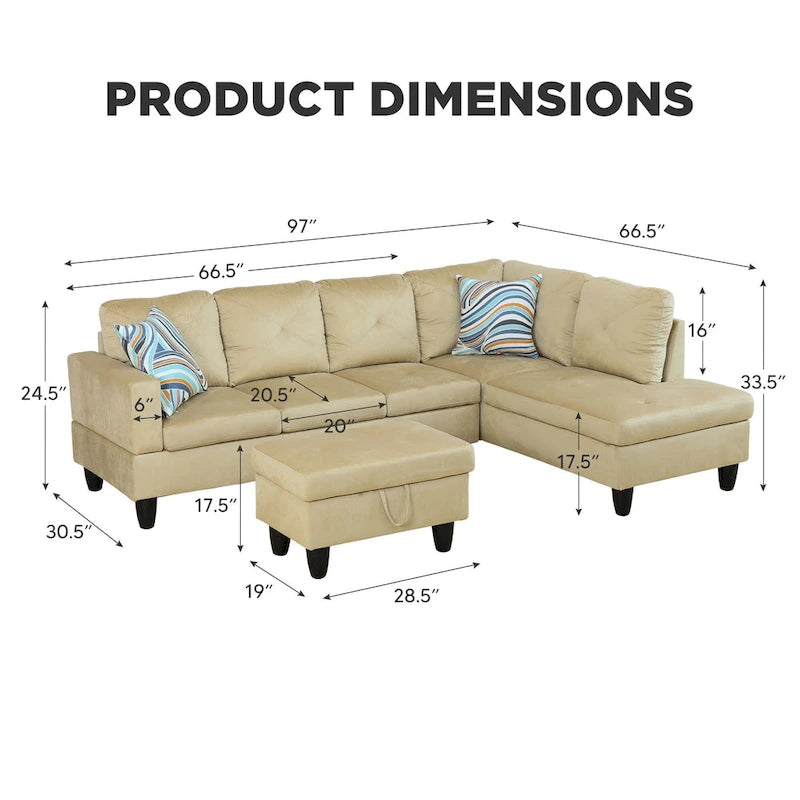3-Piece Upholstered Sectional Sofa Set With Storage Ottoman