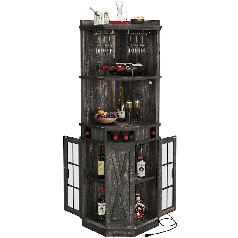 72 Tall Farmhouse Corner Bar Cabinet with Glass Door & LED Lights