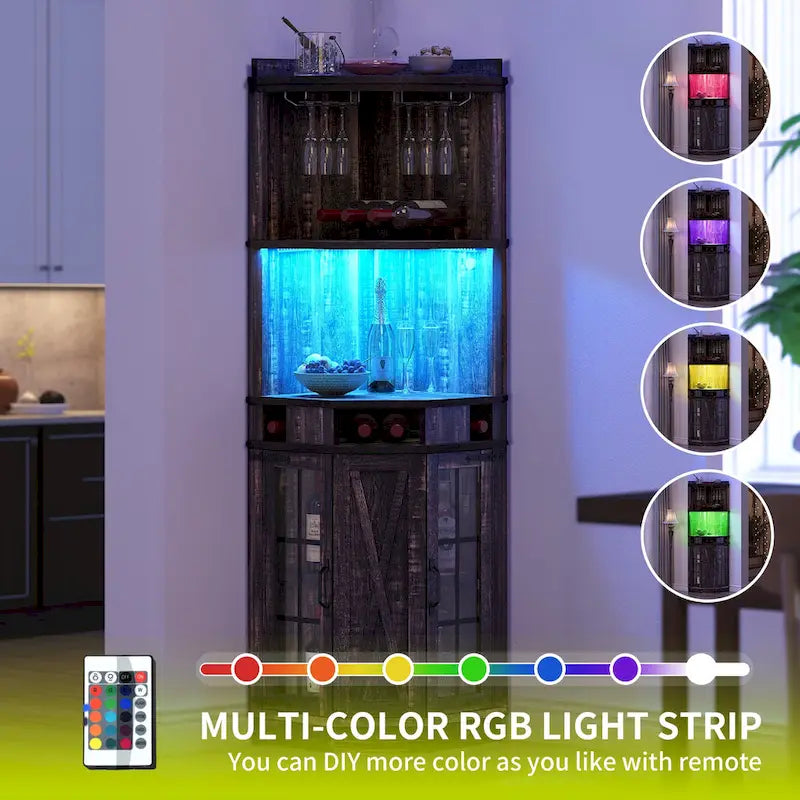 72 Tall Farmhouse Corner Bar Cabinet with Glass Door & LED Lights