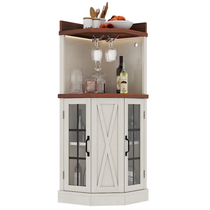 72 Tall Farmhouse Corner Bar Cabinet with Glass Door & LED Lights