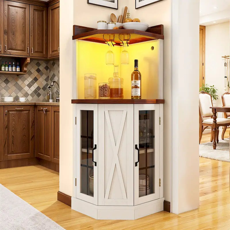 72 Tall Farmhouse Corner Bar Cabinet with Glass Door & LED Lights
