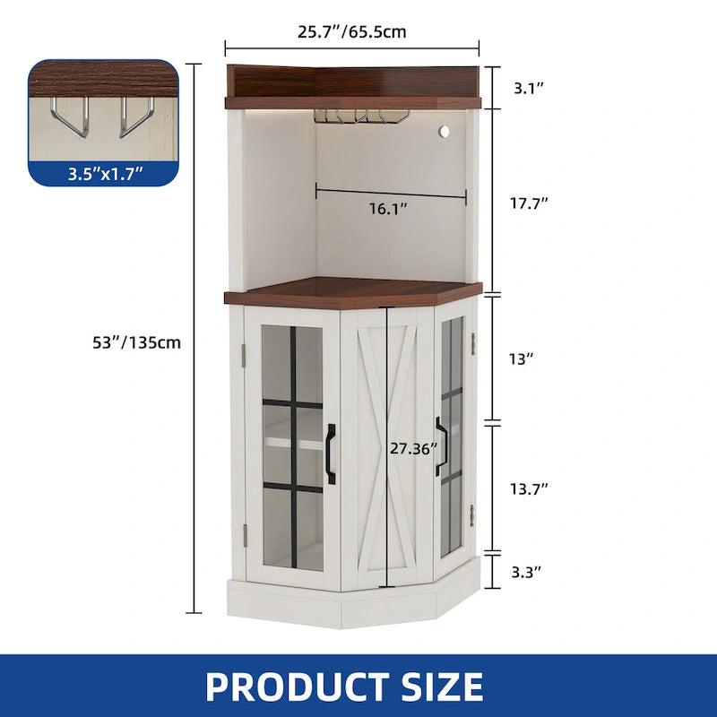 72 Tall Farmhouse Corner Bar Cabinet with Glass Door & LED Lights