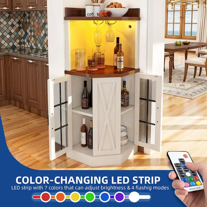 72 Tall Farmhouse Corner Bar Cabinet with Glass Door & LED Lights
