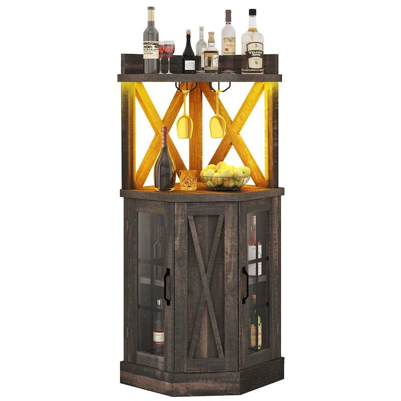 72 Tall Farmhouse Corner Bar Cabinet with Glass Door & LED Lights