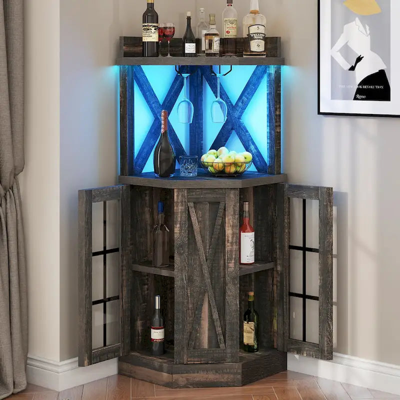 72 Tall Farmhouse Corner Bar Cabinet with Glass Door & LED Lights