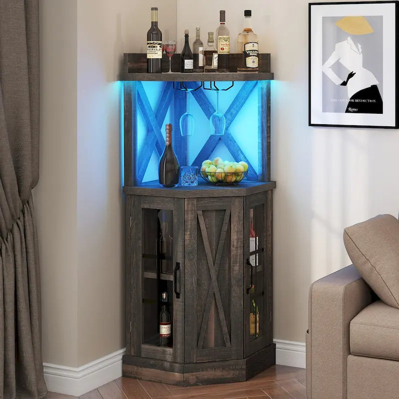 72 Tall Farmhouse Corner Bar Cabinet with Glass Door & LED Lights