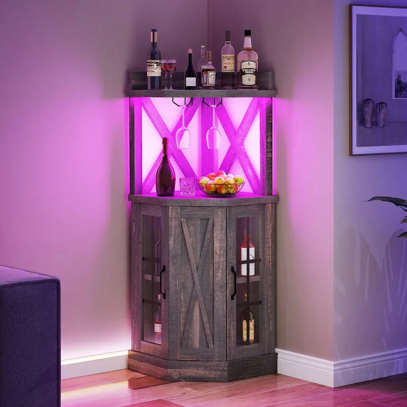 72 Tall Farmhouse Corner Bar Cabinet with Glass Door & LED Lights