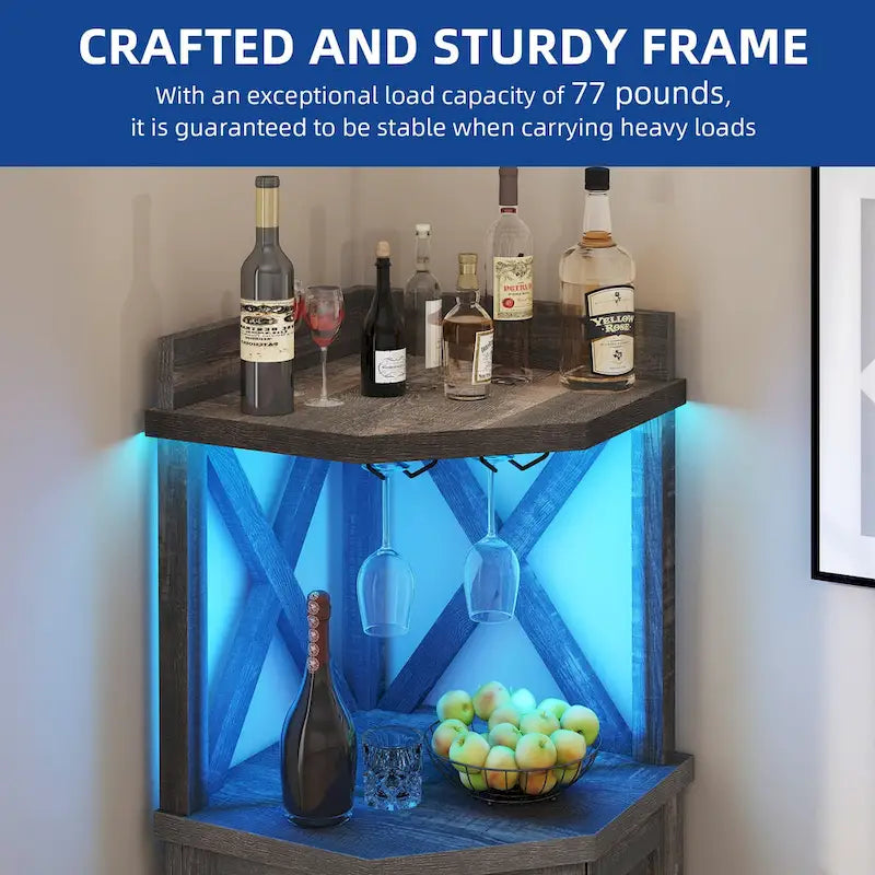 72 Tall Farmhouse Corner Bar Cabinet with Glass Door & LED Lights