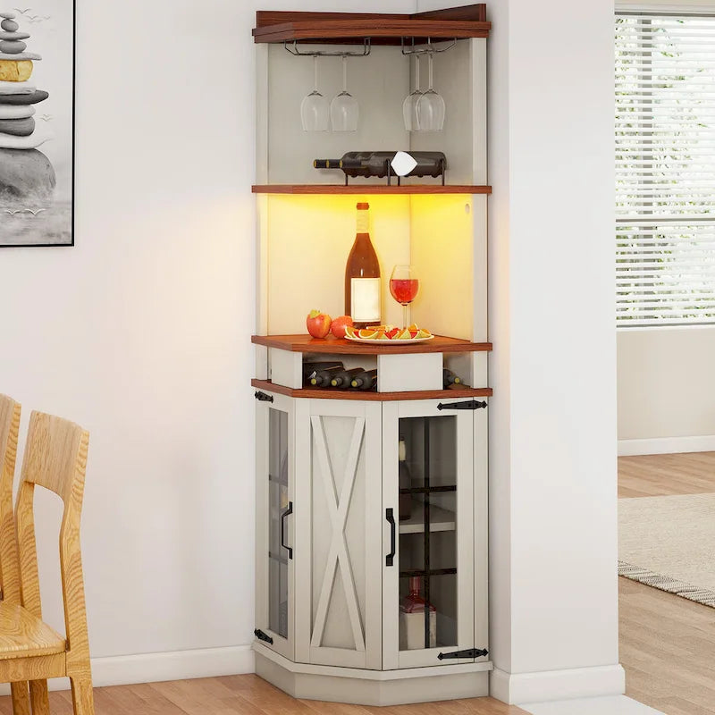 72 Tall Farmhouse Corner Bar Cabinet with Glass Door & LED Lights