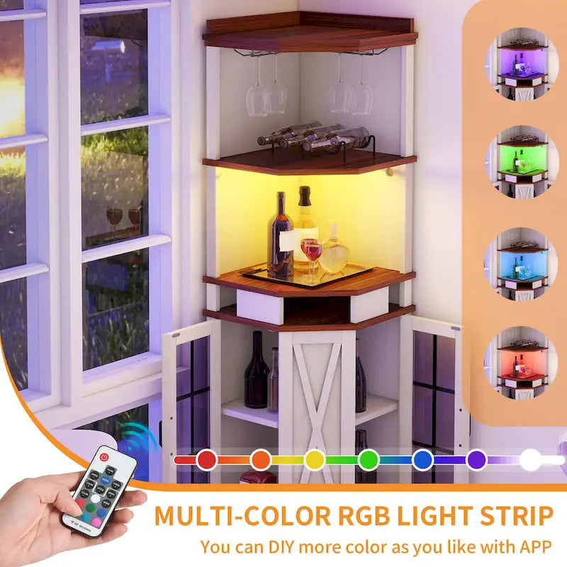 72 Tall Farmhouse Corner Bar Cabinet with Glass Door & LED Lights