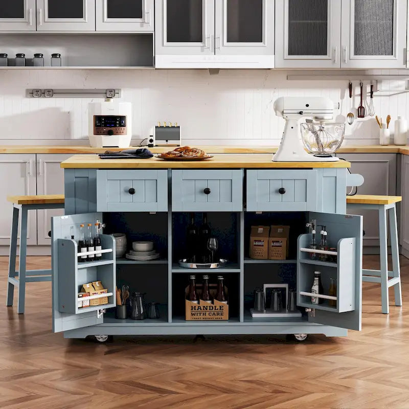 53 Kitchen Island with Drop Leaf, Power Outlet, Rolling Cart, and Storage Racks