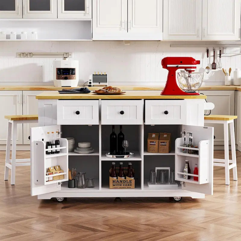 53 Kitchen Island with Drop Leaf, Power Outlet, Rolling Cart, and Storage Racks