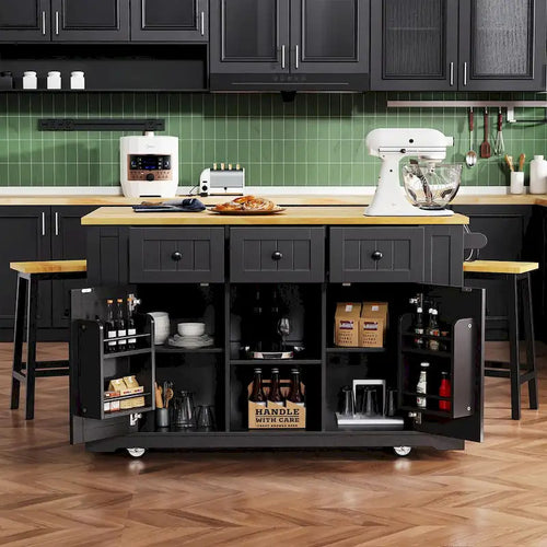 53 Kitchen Island with Drop Leaf, Power Outlet, Rolling Cart, and Storage Racks