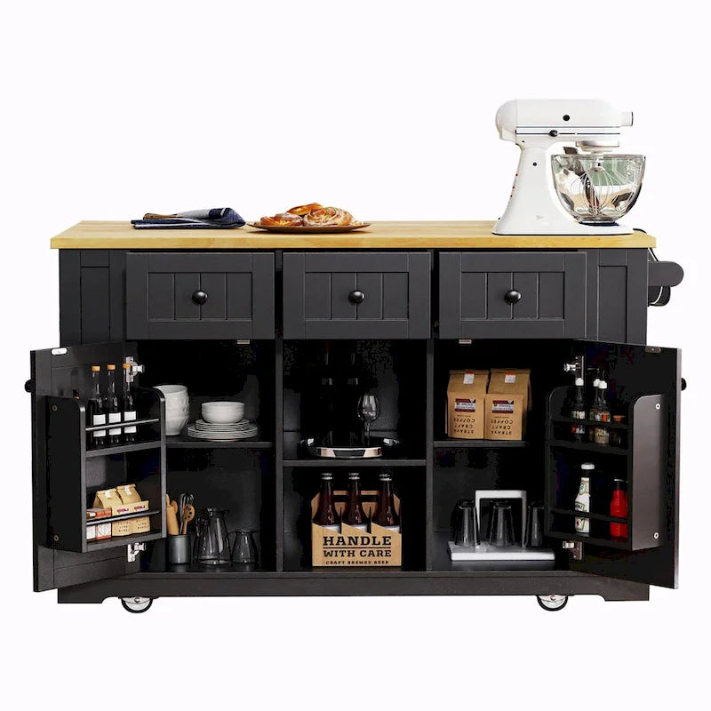 53 Kitchen Island with Drop Leaf, Power Outlet, Rolling Cart, and Storage Racks