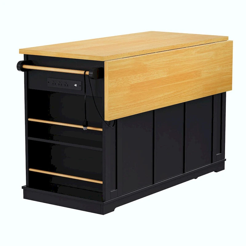 53 Kitchen Island with Drop Leaf, Power Outlet, Rolling Cart, and Storage Racks