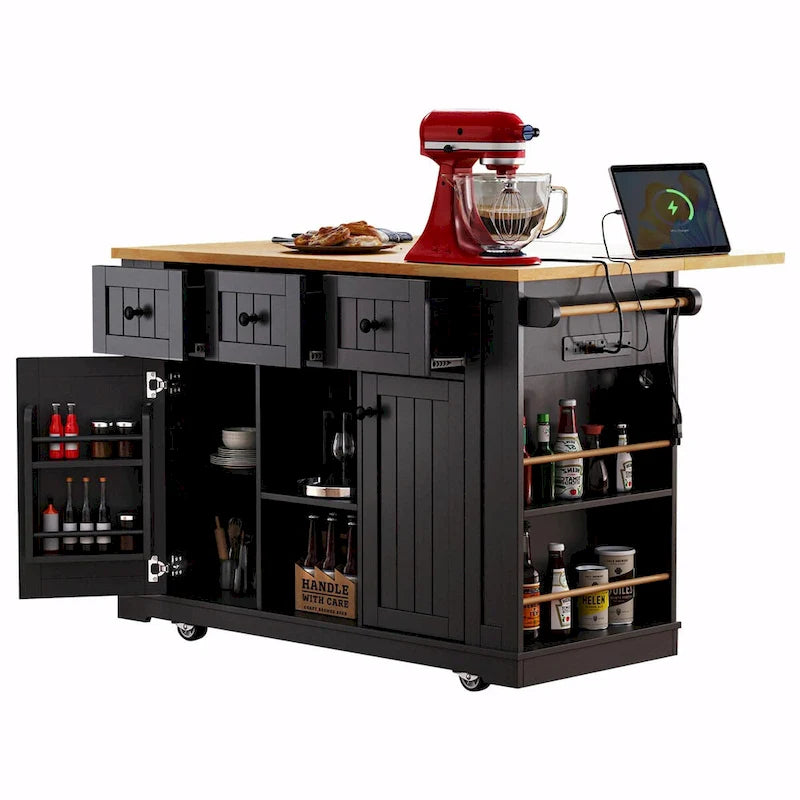 53 Kitchen Island with Drop Leaf, Power Outlet, Rolling Cart, and Storage Racks