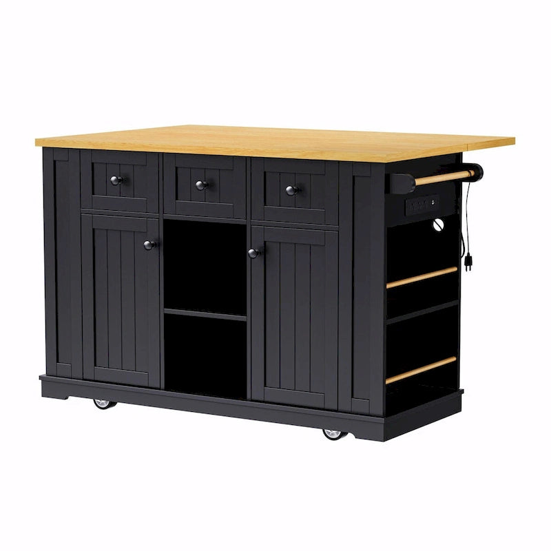 53 Kitchen Island with Drop Leaf, Power Outlet, Rolling Cart, and Storage Racks