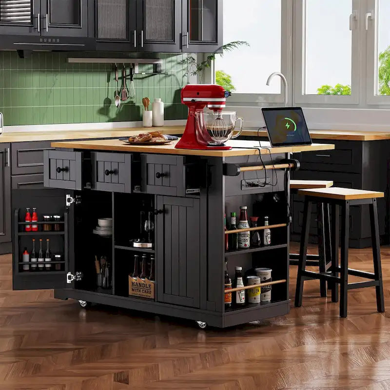 53 Kitchen Island with Drop Leaf, Power Outlet, Rolling Cart, and Storage Racks