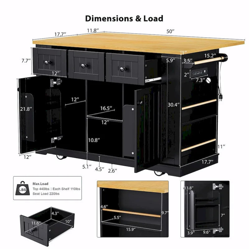 53 Kitchen Island with Drop Leaf, Power Outlet, Rolling Cart, and Storage Racks