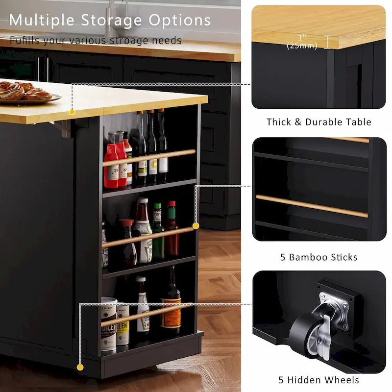 53 Kitchen Island with Drop Leaf, Power Outlet, Rolling Cart, and Storage Racks