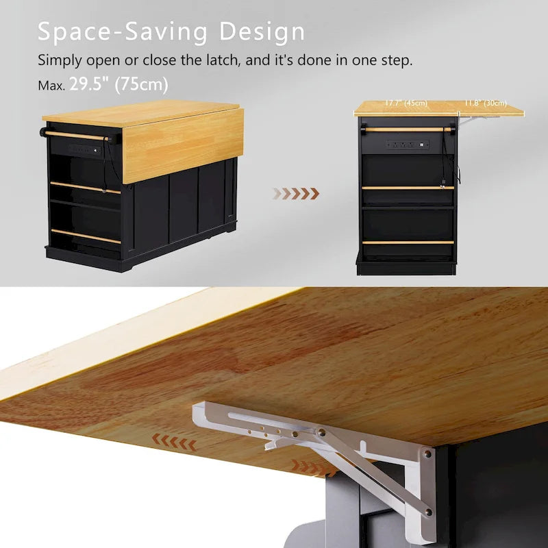 53 Kitchen Island with Drop Leaf, Power Outlet, Rolling Cart, and Storage Racks