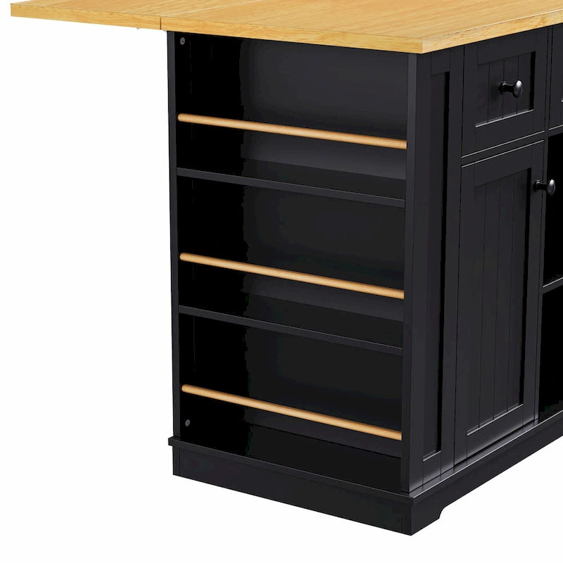 53 Kitchen Island with Drop Leaf, Power Outlet, Rolling Cart, and Storage Racks