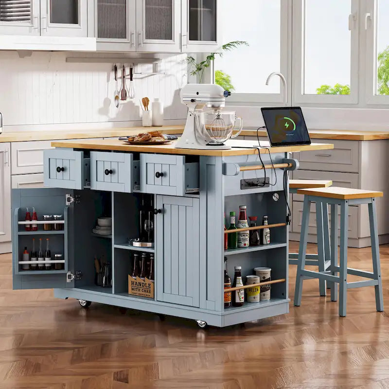 53 Kitchen Island with Drop Leaf, Power Outlet, Rolling Cart, and Storage Racks