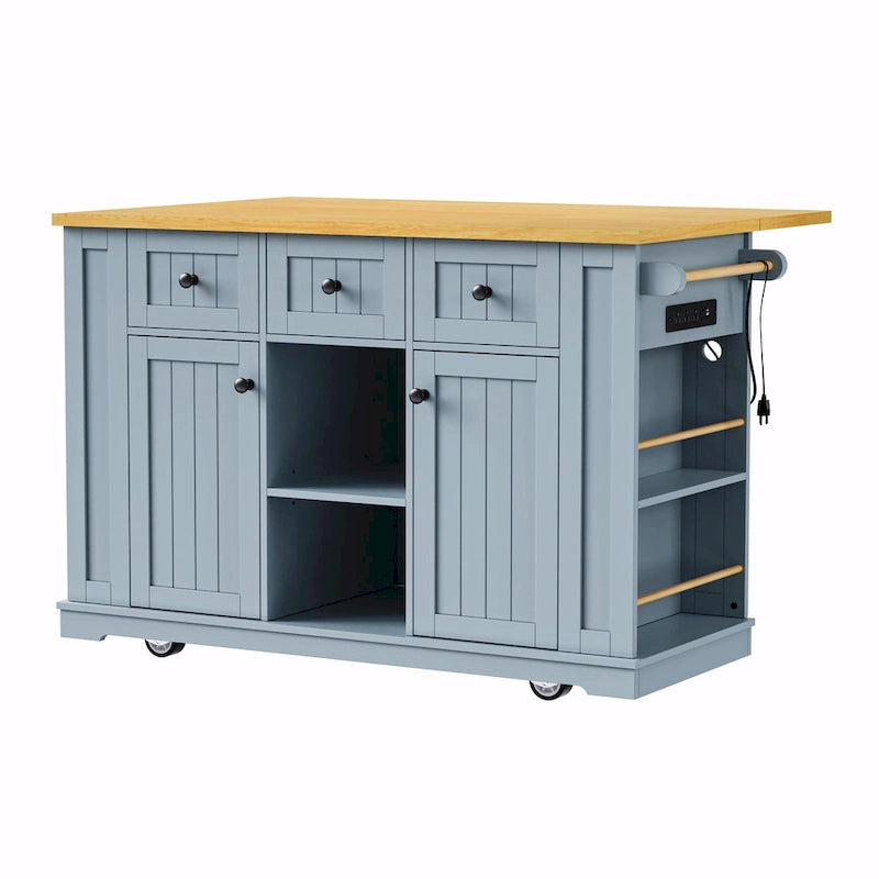 53 Kitchen Island with Drop Leaf, Power Outlet, Rolling Cart, and Storage Racks