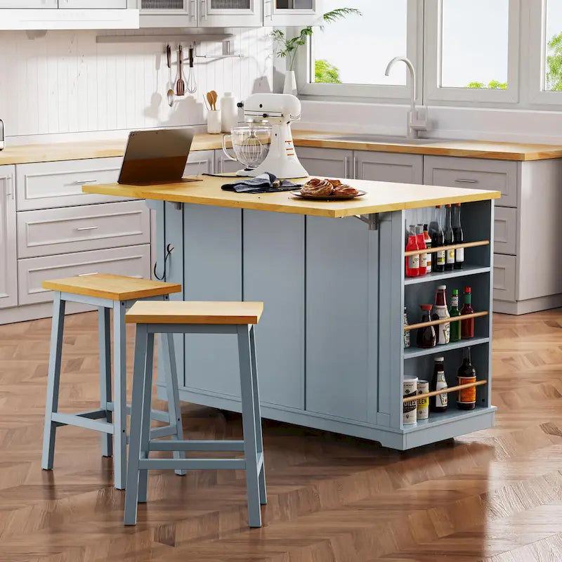53 Kitchen Island with Drop Leaf, Power Outlet, Rolling Cart, and Storage Racks