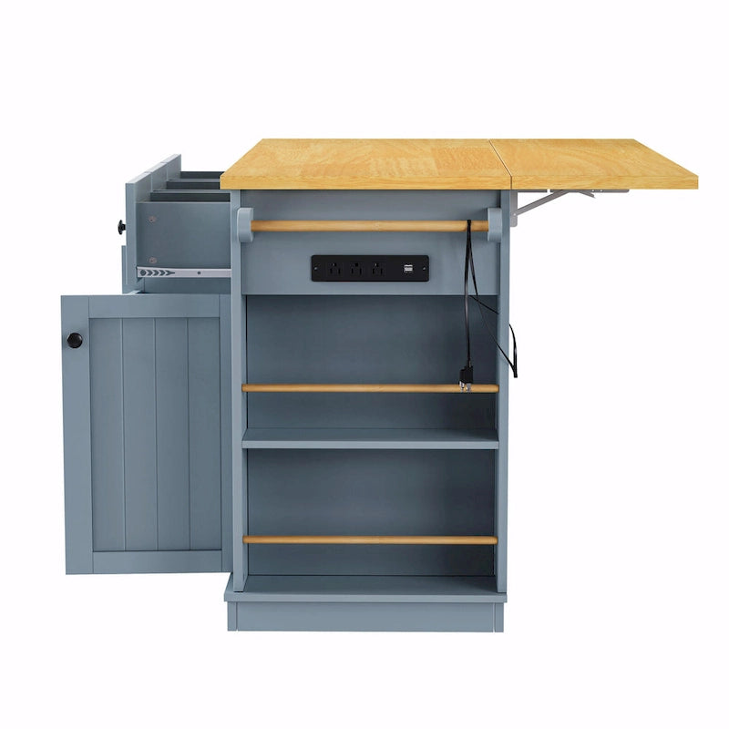 53 Kitchen Island with Drop Leaf, Power Outlet, Rolling Cart, and Storage Racks