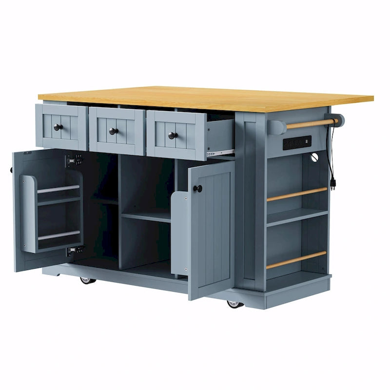 53 Kitchen Island with Drop Leaf, Power Outlet, Rolling Cart, and Storage Racks