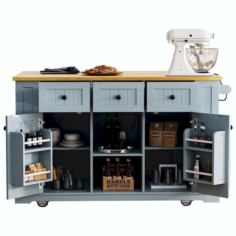 53 Kitchen Island with Drop Leaf, Power Outlet, Rolling Cart, and Storage Racks