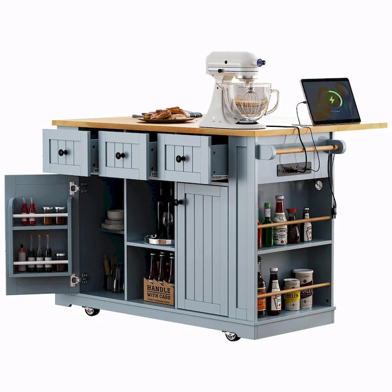 53 Kitchen Island with Drop Leaf, Power Outlet, Rolling Cart, and Storage Racks