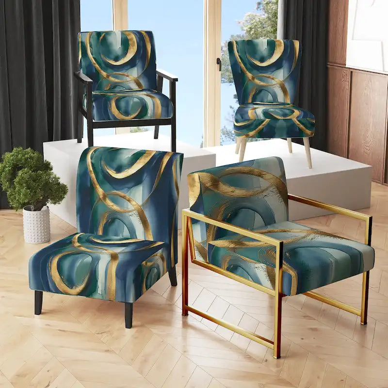 Designart Mettalic Indigo And Gold II Upholstered Abstract Accent Chair - Glam Arm Chair For Living Room