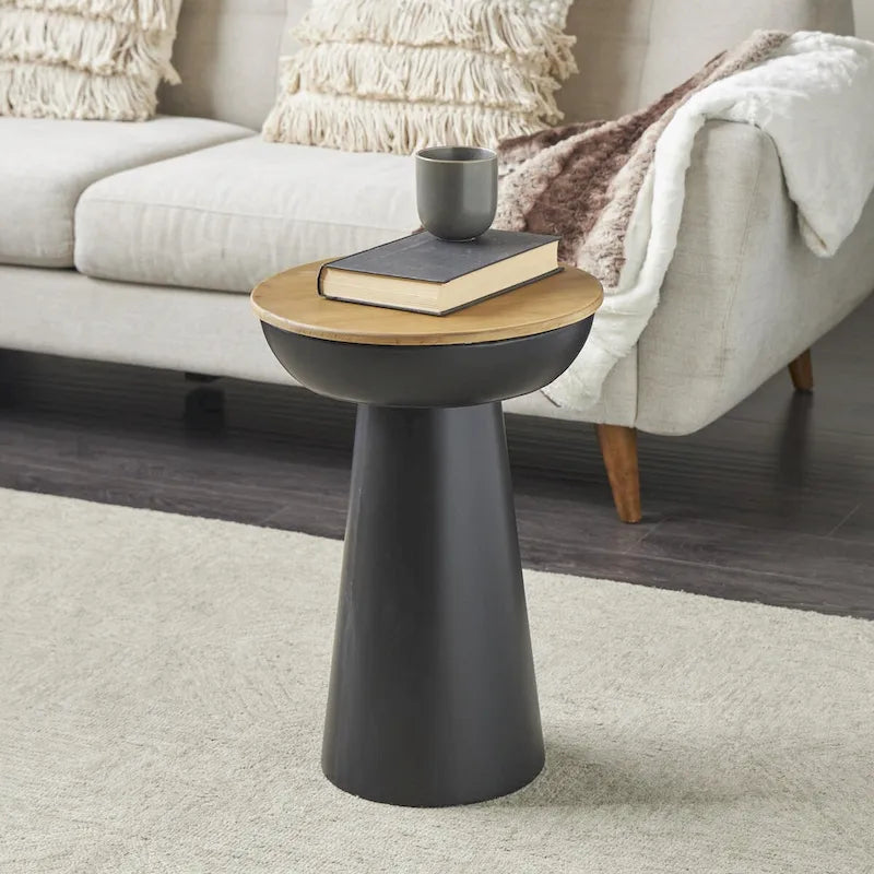 Metal Handmade Pedestal Side End Accent Table with Brown Wood Tabletop - Black - Roche River Decor