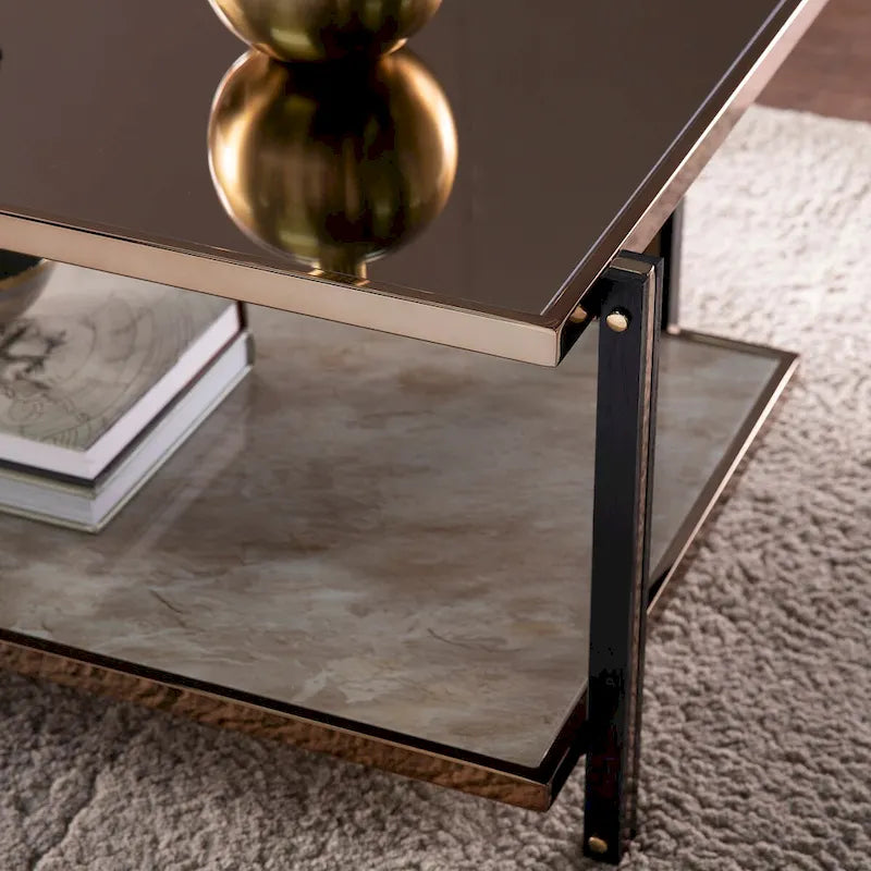 Cocktail Table With Champagne-hued Frame And Smoky Mirrored Tabletop, For Living Room, Bedroom