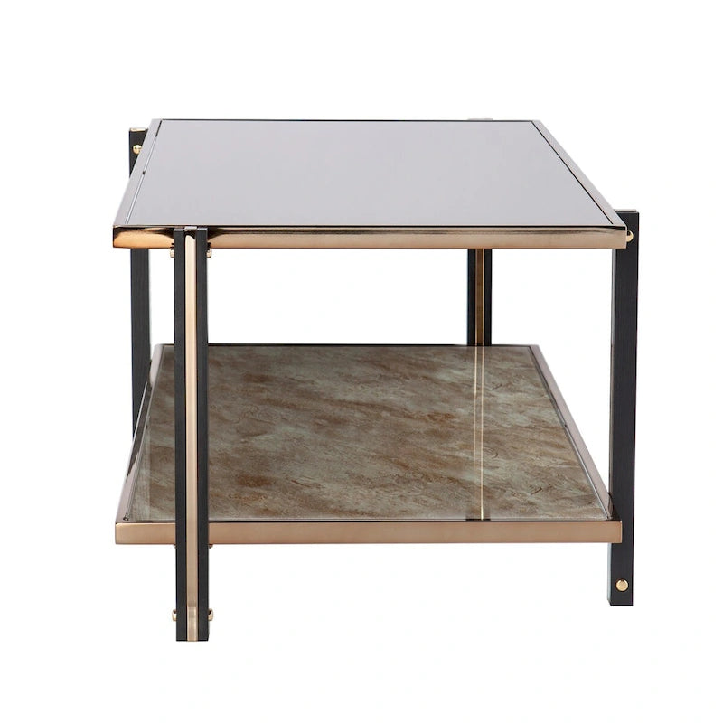 Cocktail Table With Champagne-hued Frame And Smoky Mirrored Tabletop, For Living Room, Bedroom