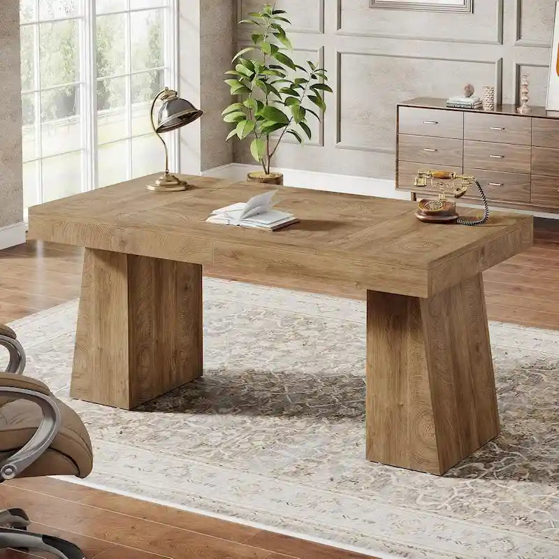 Brown Wood Mid-Century Executive Desk for Home Office