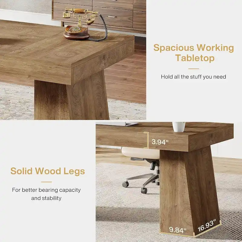 Brown Wood Mid-Century Executive Desk for Home Office