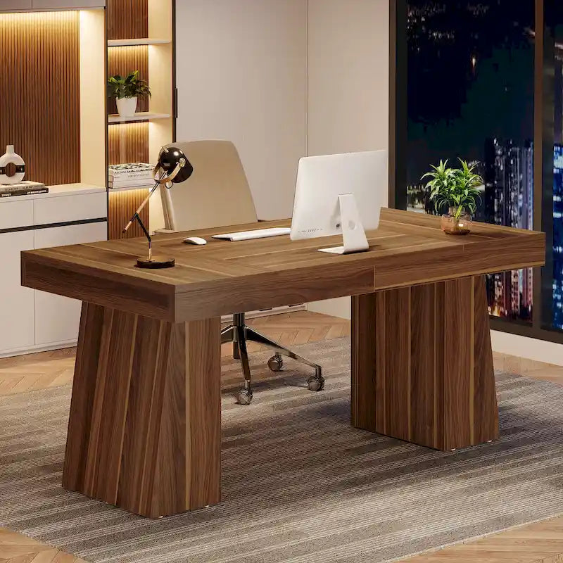 Brown Wood Mid-Century Executive Desk for Home Office