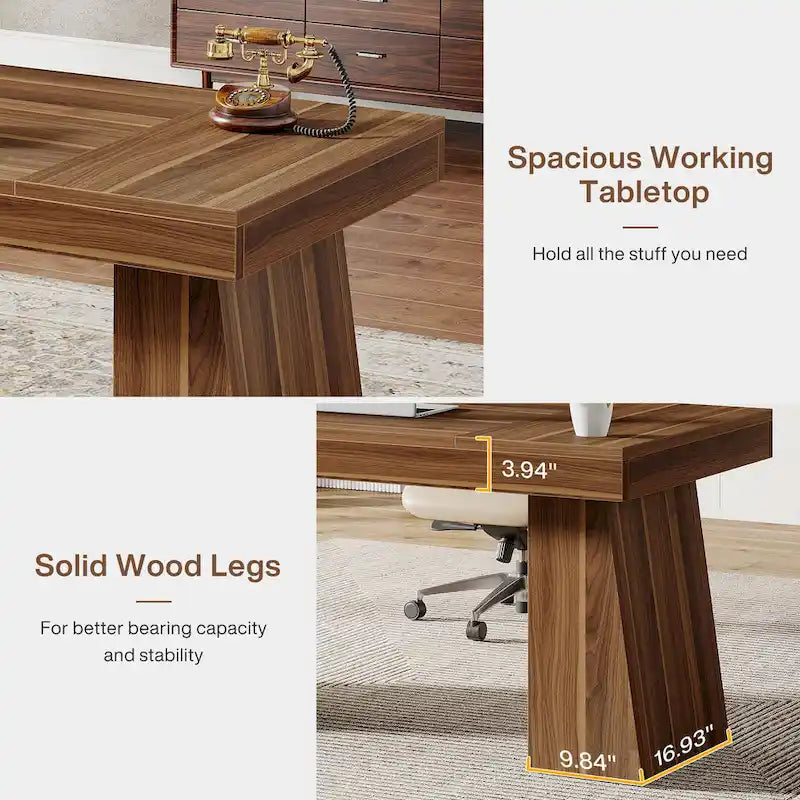 Brown Wood Mid-Century Executive Desk for Home Office