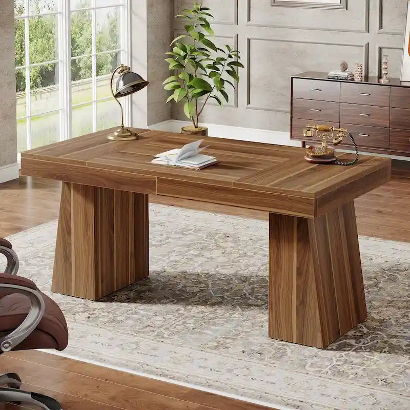 Brown Wood Mid-Century Executive Desk for Home Office