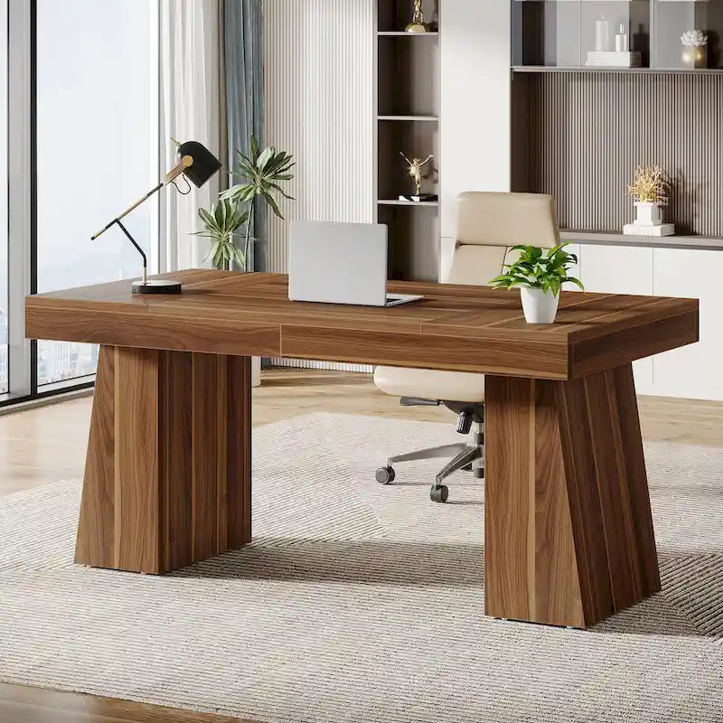 Brown Wood Mid-Century Executive Desk for Home Office