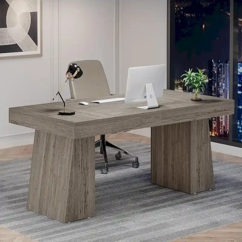 Brown Wood Mid-Century Executive Desk for Home Office