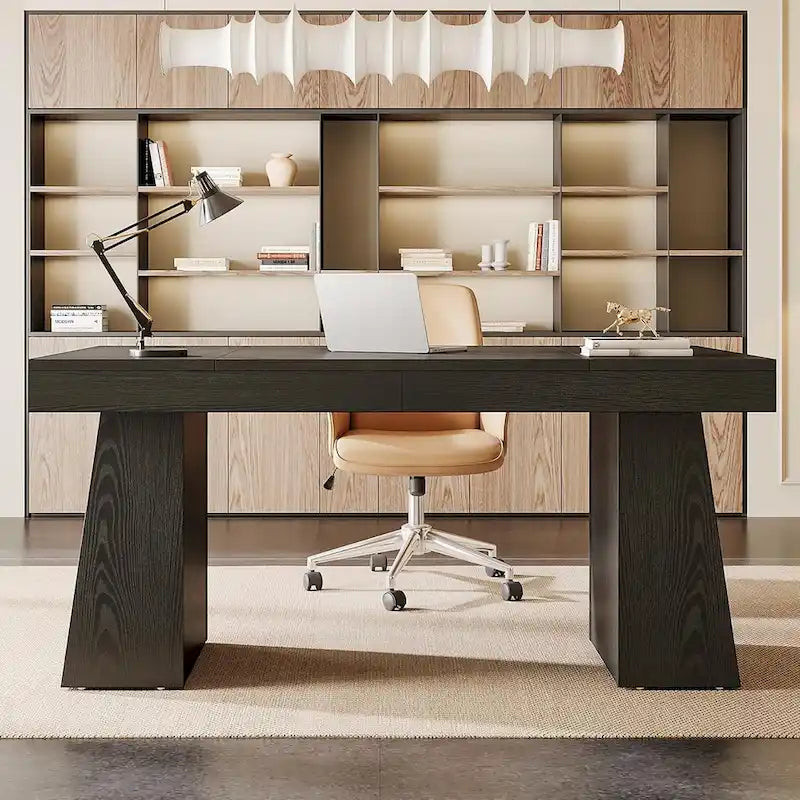 Brown Wood Mid-Century Executive Desk for Home Office