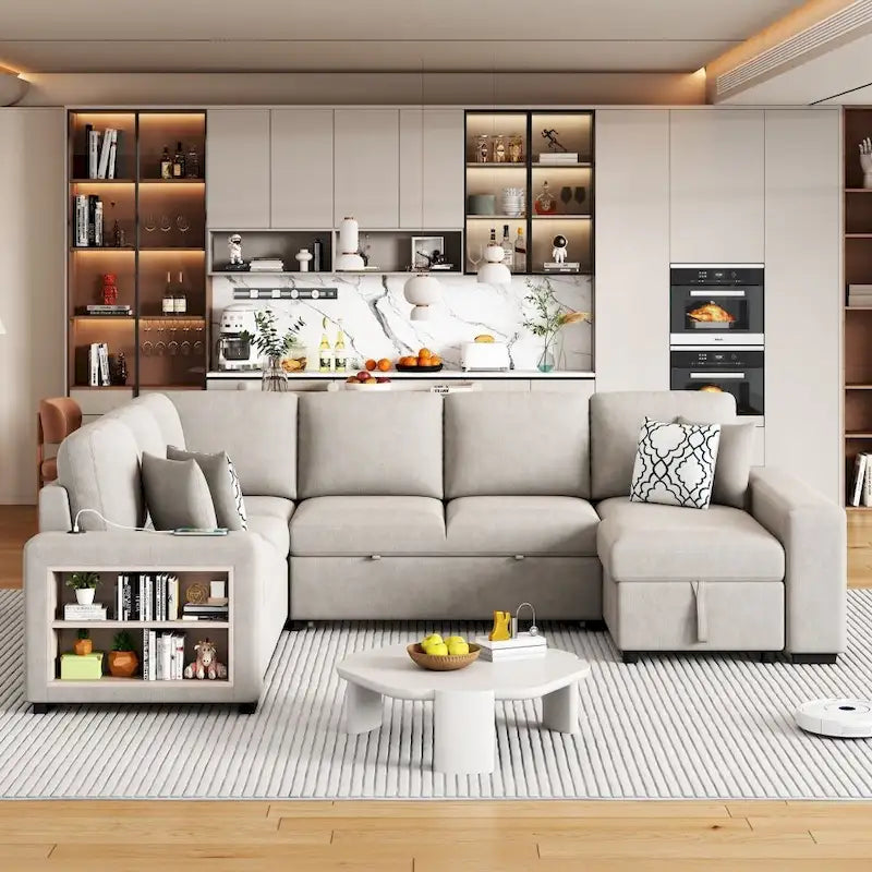 U-Shaped Sectional Sofa with Two USB Ports and Storage Chaise